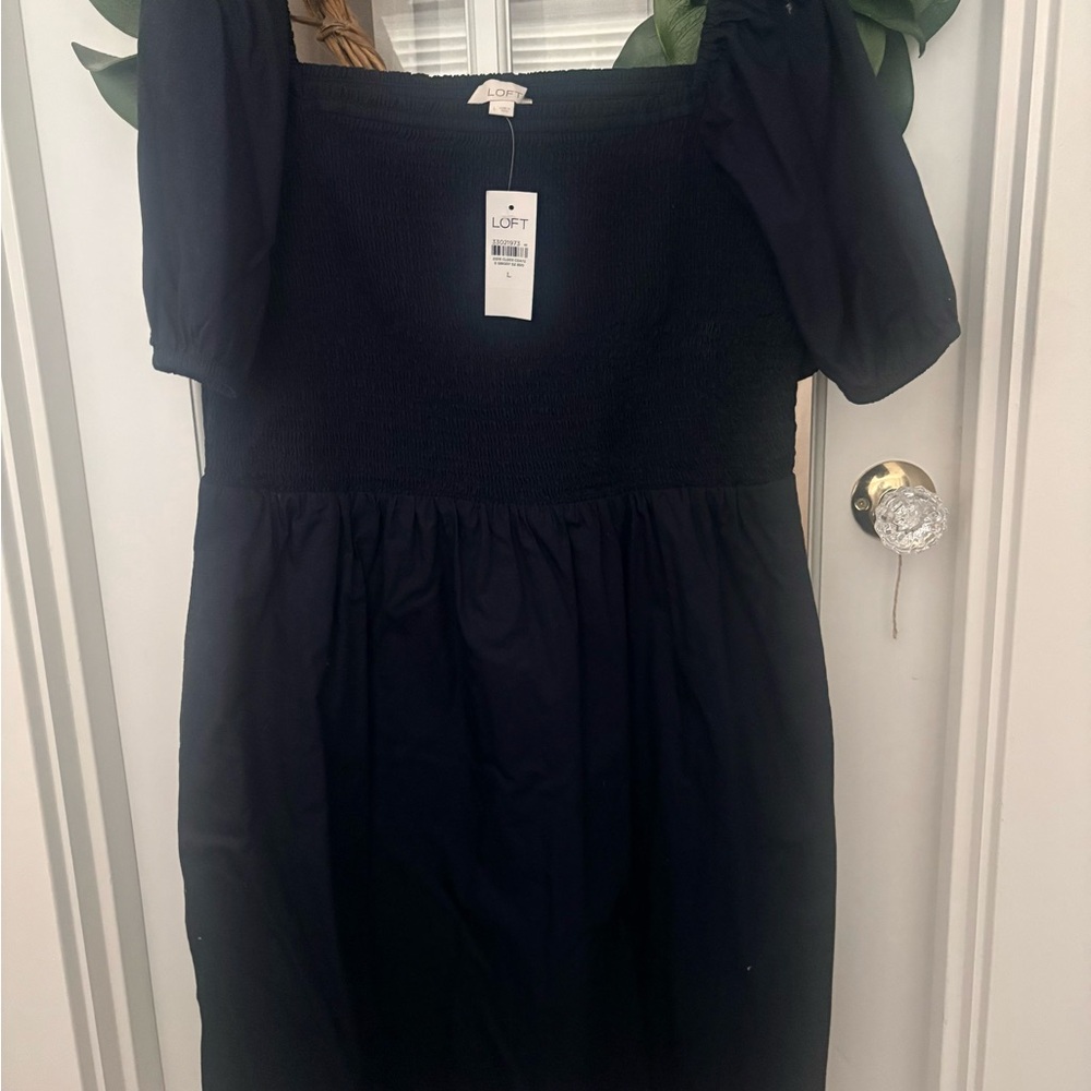 LOFT Girls' Black Smocked Bodice Puff Sleeve Dress